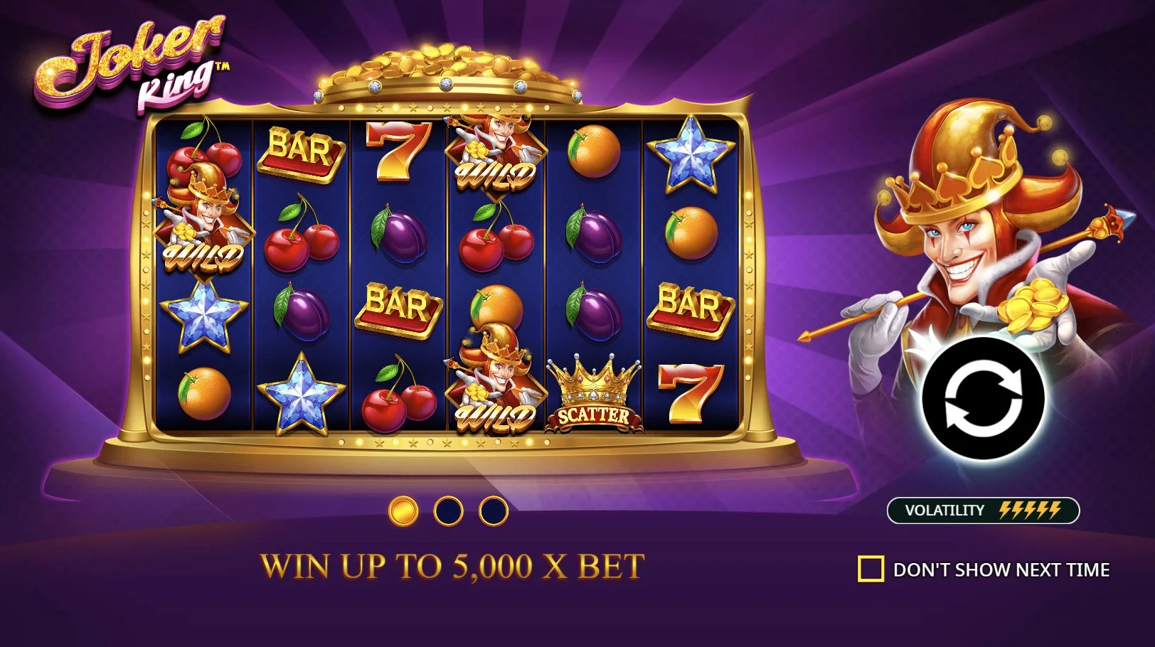 Pantalla de inicio de Joker King con el banner WIN UP TO 5,000x BET y el indicador de volatilidad 5/5