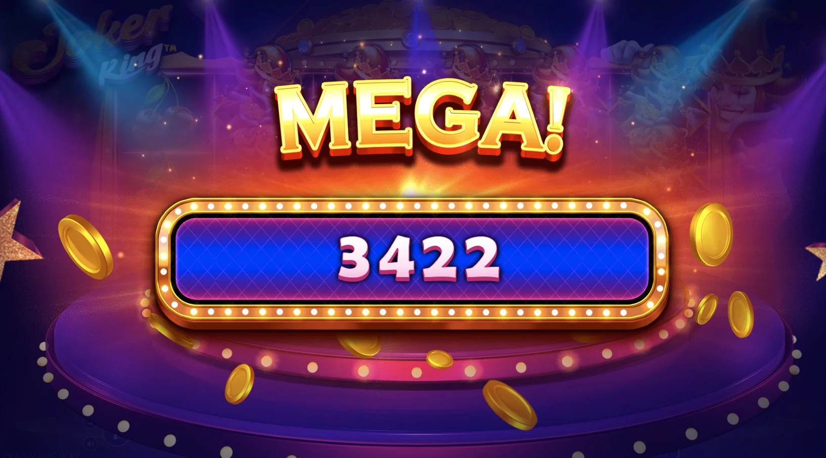 Joker-King-MEGA-WIN-Bildschirm zeigt einen Gewinn von 3422 Münzen
